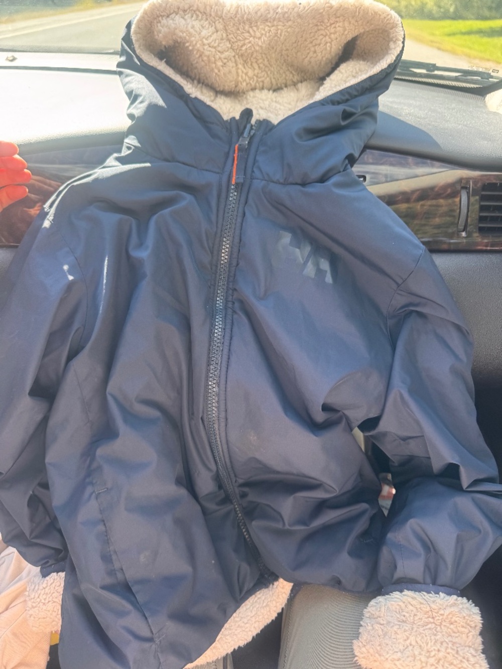 Helly Hansen Navy Blue Hooded Jacket HH Logo reversible fuzzy soft lined size 8